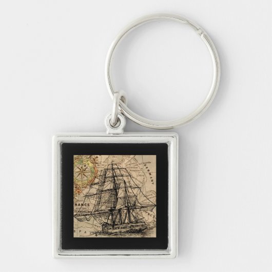 Porte-clés Navire Ancien et Carte (Devant)