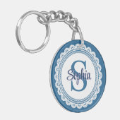 Porte-clés Navy bleu élégant Monogramme Nom Blanc Broderie (Devant gauche)