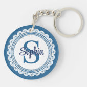 Porte-clés Navy bleu élégant Monogramme Nom Blanc Broderie (Dos)