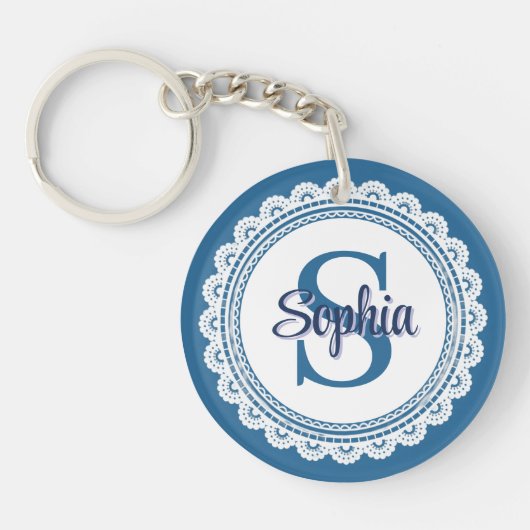 Porte-clés Navy bleu élégant Monogramme Nom Blanc Broderie (Devant)