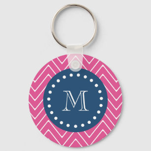 Porte-clés Navy Blue, Hot Pink Chevron Votre monogramme