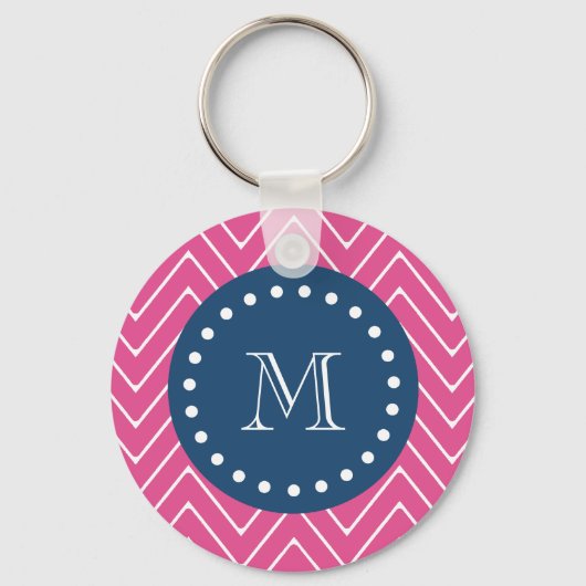 Porte-clés Navy Blue, Hot Pink Chevron | Votre monogramme (Recto)