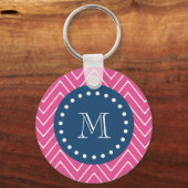 Porte-clés Navy Blue, Hot Pink Chevron | Votre monogramme (Recto)