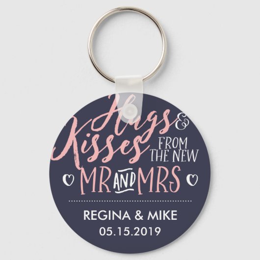 Porte-clés Navy Blue Pink Hug and Kisses from New Mr and Mrs. (Recto)