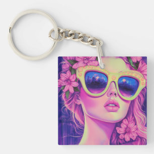 Porte-clés Neon Dream Girl avec lunettes de soleil florales