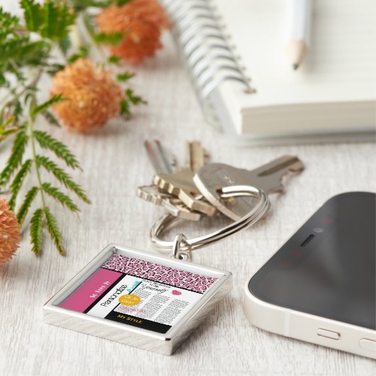 Porte-clés Newsprint de mode tendance léopard rose et nom (Côté)