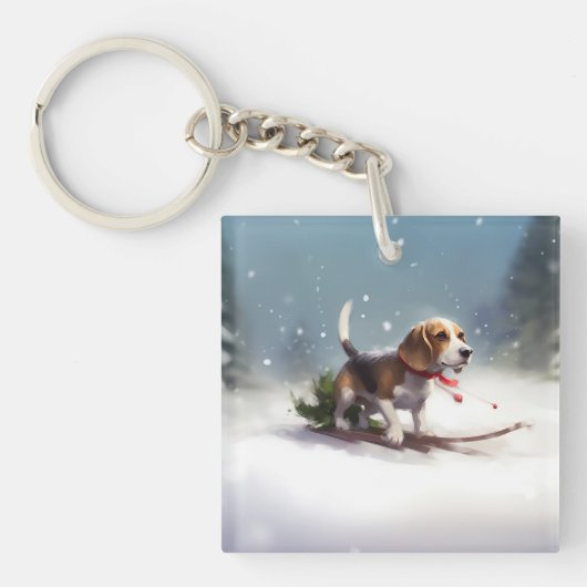 Porte-clés Noël Beagle neige hiver (Devant)