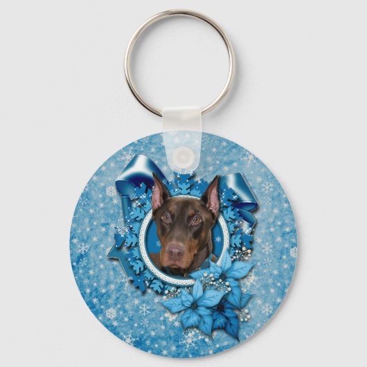 Porte-clés Noël - Flocon de neige bleu - Doberman - Rocky (Recto)
