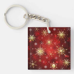 Porte-clés Noël Golden Snowflakes sur Arrière - plan rouge