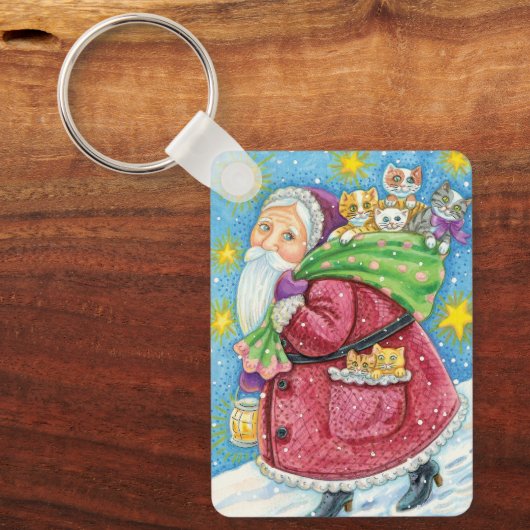 Porte-clés Noël mignon, Père Noël avec chatons et chats ! (Recto)