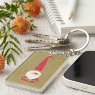 Porte-clés Noël vintage, joli gnome Santa Claus sur fond doré
