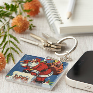 Porte-clés Noël vintage, le Père Noël descend dans la cheminé