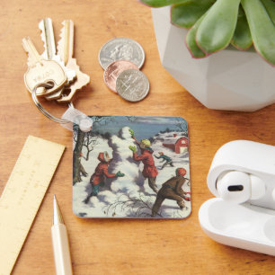 Porte-clés Noël vintage, les enfants bataille de boules de ne