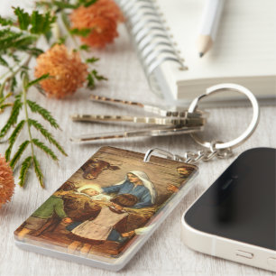 Porte-clés Noël Vintage, Nativité Religieuse avec Bébé Jésus