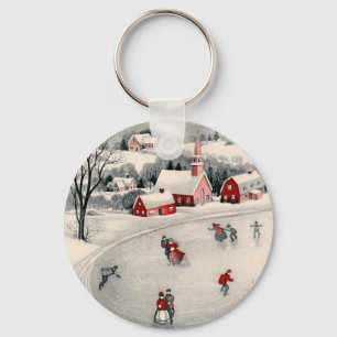 Porte-clés Noël vintage, patineurs victoriens sur étang
