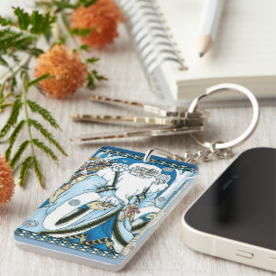 Porte-clés Noël vintage, Père Noël bleu avec boule à neige