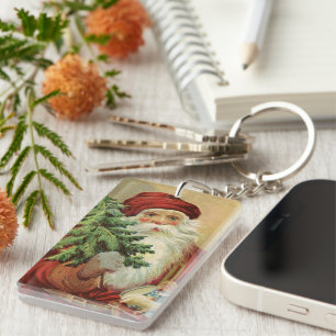 Porte-clés Noël vintage, Père Noël victorien avec arbre