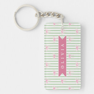 Porte-clés Nœud Rose Personnalisé Rayure Verte Coquette Prépa
