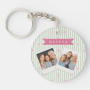 Porte-clés Nœud Rose Personnalisé Rayure Verte Coquette Prépa