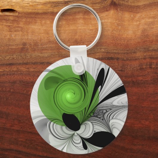 Porte-clés Noir Abstrait et blanc avec art fractal vert (Verso)