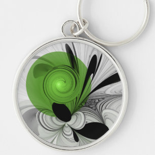 Porte-clés Noir Abstrait et blanc avec art fractal vert