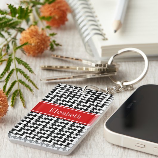 Porte-clés Noir Blanc Houndstooth Nom rouge Monogramme (Devant droit)