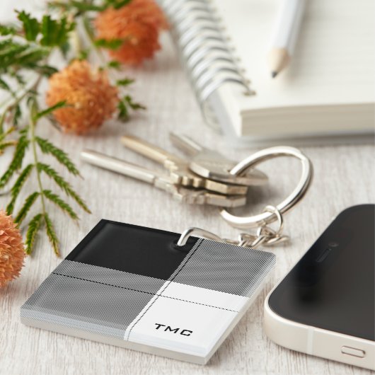 Porte-clés Noir Blanc Moderne Plaid INITIALES Preppy Chic (Devant Droit)