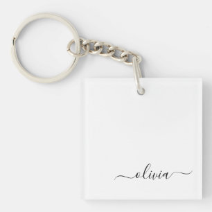 Porte-clés Noir Blanc moderne Script Girl Monogramme Nom