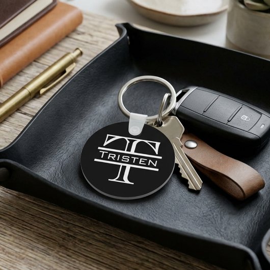 Porte-clés Noir Blanc Monogramme Classique Nom