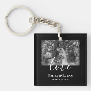 Porte-clés Noir Blanc Personnalisé Mariage Photo Simple Éléga