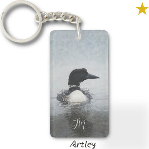 Porte-clés Noir Blanc Plongeon Oiseau Peinture Nom personnali