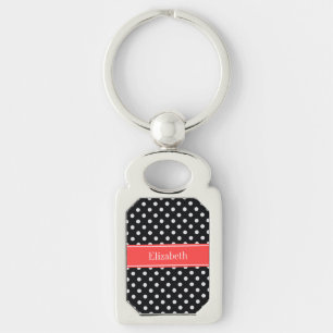 Porte-clés Noir Blanc Pois Corail Nom Rouge Monogramme