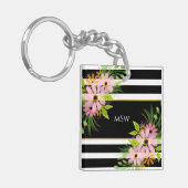Porte-clés Noir Blanc rayé Floral Or Personnalisé (Devant gauche)