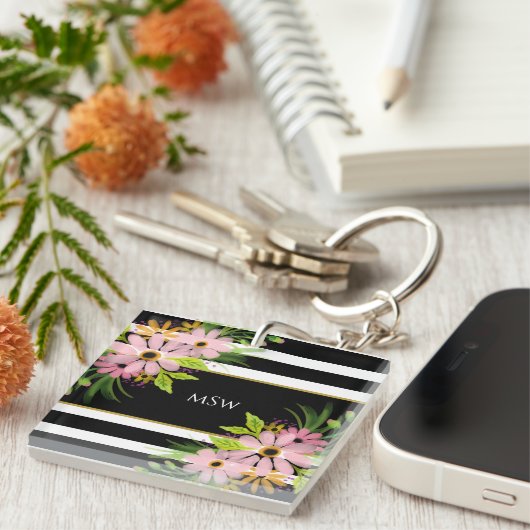 Porte-clés Noir Blanc rayé Floral Or Personnalisé (Devant Droit)