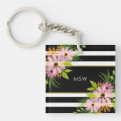 Porte-clés Noir Blanc rayé Floral Or Personnalisé (Devant)