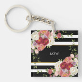 Porte-clés Noir Blanc rayé Peonies & Or Personnalisé (Devant)