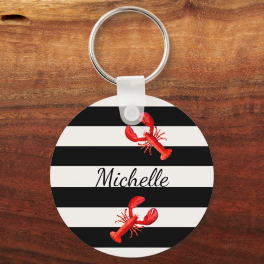 Porte-clés Noir Blanc rayures nautiques rouge homards monogra (Recto)