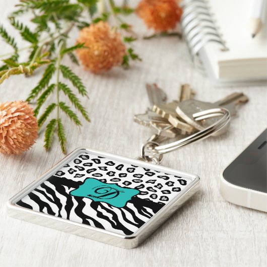 Porte-clés Noir Blanc Turquoise Zebra Leopard Peau Monogramme (Côté)