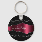 Porte-clés Noir bordeaux agate marbre nom script (Recto)