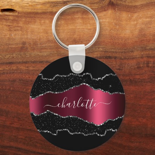 Porte-clés Noir bordeaux agate marbre nom script (Verso)