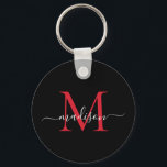 Porte-clés Noir Bourgogne Rouge Monogramme Nom Élégant Script<br><div class="desc">Simple Noir Bourgogne Rouge Monogramme Élégant Porte - clé de script moderne</div>