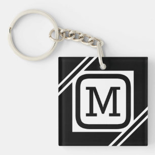 Porte-clés Noir et blanc classique Monogramme à Carré simple
