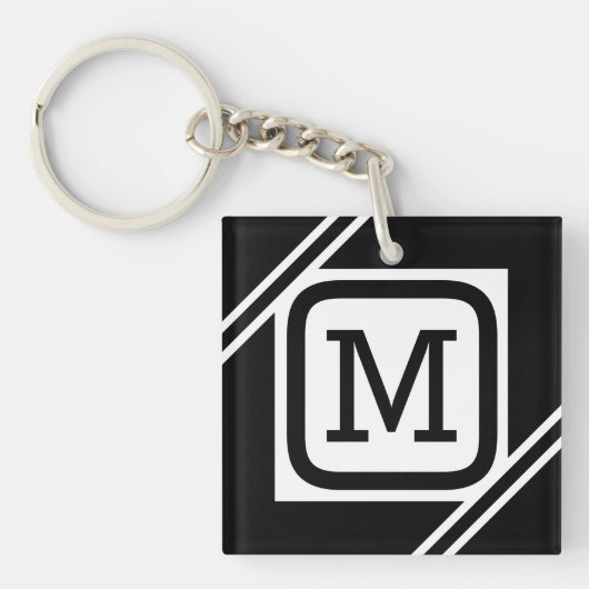 Porte-clés Noir et blanc classique Monogramme à Carré simple (Devant)