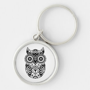 Porte-clés Noir et blanc de hibou de crâne de sucre