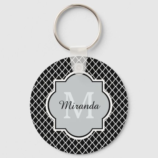Porte-clés Noir et blanc moderne Quatrefoil Nom monogramme (Recto)