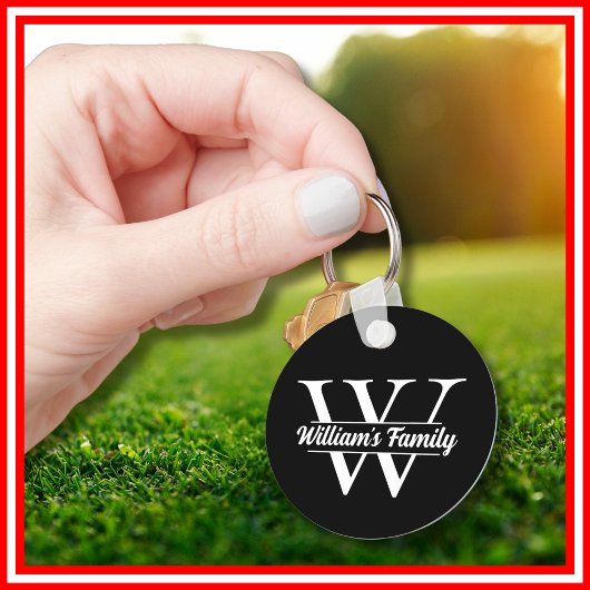 Porte-clés Noir et blanc | Monogramme simple de nom de famill
