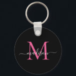 Porte-clés Noir Magenta rose Nom Monogramme Élégant Script<br><div class="desc">Simple Black Magenta Hot Pink Monogramme Élégant Porte - clé de script moderne</div>