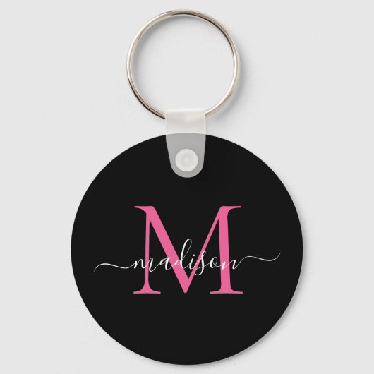 Porte-clés Noir Magenta rose Nom Monogramme Élégant Script (Recto)