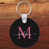 Porte-clés Noir Magenta rose Nom Monogramme Élégant Script (Recto)