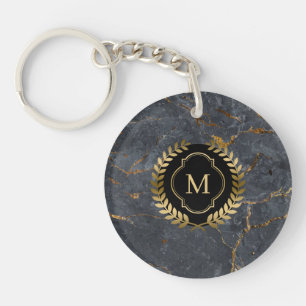 Porte-clés Noir Marbre Badge Or Monogramme
